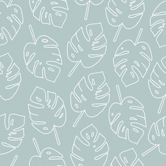 Leaves of a tropical plant, monstera. Outline drawing in a minimalistic style, sketch. Abstract background with botanical elements. Modern vector seamless pattern. Design for wrapping paper, textiles.