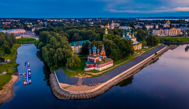 The ancient Russian city of Uglich from a bird's-eye view in the late evening