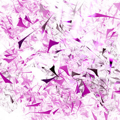 Purple pieces of various geometric shapes are arranged randomly on a white background. Abstract fractal background. 3d rendering. 3d illustration.