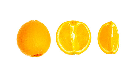 Several whole and sliced sweet orange oranges isolated on white background.