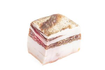 Piece of salted pork belly isolated on white background, lard.