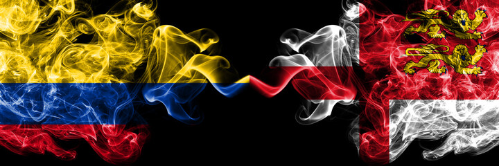 Colombia, Colombian vs United Kingdom, Great Britain, British, Sark smoky mystic flags placed side by side. Thick colored silky abstract smokes flags.