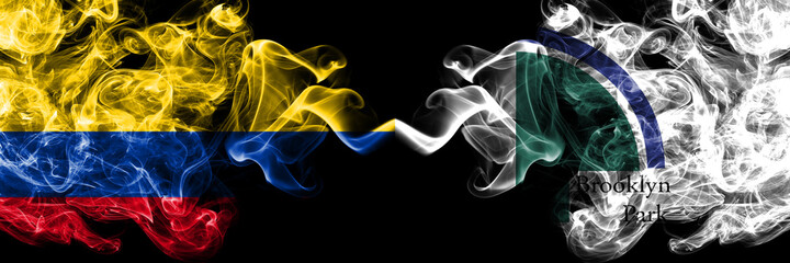 Colombia, Colombian vs United States of America, America, US, USA, American, Brooklyn Park, Minnesota smoky mystic flags placed side by side. Thick colored silky abstract smokes flags.