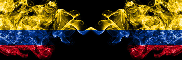 Colombia, Colombian vs United States of America, America, US, USA, American, Colombia, Colombian smoky mystic flags placed side by side. Thick colored silky abstract smokes flags.