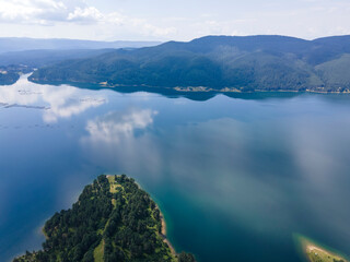 Fototapeta premium Aerial view of Dospat Reservoir, Bulgaria