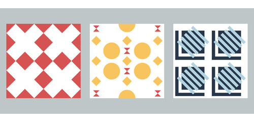 Naklejka premium A set of three colorful aesthetic geometric backgrounds. Minimalistic posters for social media, cover design, web, card design. Vintage illustrations with stripes, shapes, semicircles, lines.