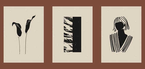 Fototapeta premium Set of three abstract minimalist aesthetic backgrounds with thin lines, floral patterns, plants, woman. Trendy colorful vector illustration for social networks, web design in vintage boho style.