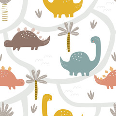 Seamless pattern with dinosaurs and palm trees on a white background. Vector illustration for printing on fabric, packaging paper, clothing. Cute baby background.