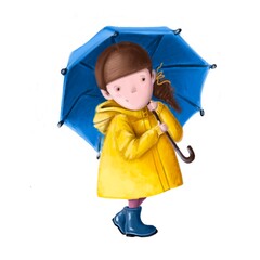 cute little girl with an umbrella in yellow raincoat clipart, hand drawn children's illustration