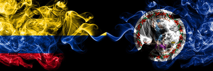 Colombia, Colombian vs United States of America, America, US, USA, American, Virginia smoky mystic flags placed side by side. Thick colored silky abstract smokes flags.