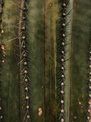 Close-up of the texture of a cactus and its thorns. Green castus with large spines.