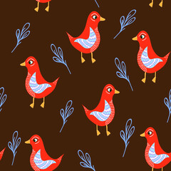 Seamless pattern with bright red birds on brown background,abstract duck in flat style,illustration for wallpaper,wrapping, cover design,print on textile and fabric,colorful spring print