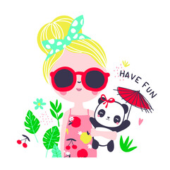 girl in sunglasses with panda and umbrella