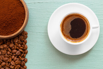 Coffee grains and beautifully baked coffee. Turkish coffee.