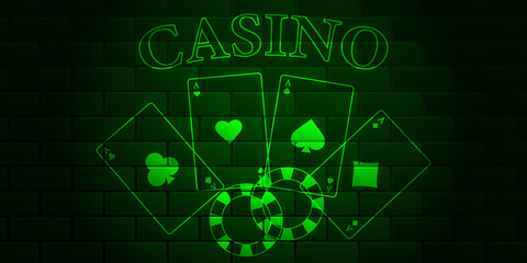 Naklejka premium Dark green brick wall with glowing text text Casino, playing cards and casino chips. Aces of all stripes. Vector illustration.