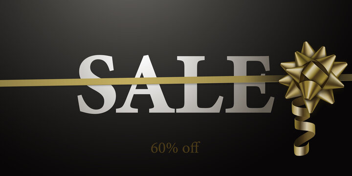 Sale banner with a stretched gold ribbon and a beautiful realistic bow on black background. Vector illustration