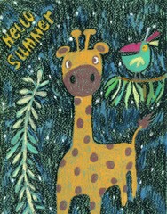 a pastel drawing of a cute cartoon giraffe and a cheerful toucan on a branch on a black and blue background with the inscription "Hello Summer".