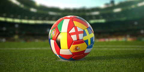Soccer Football ball with flags of european countries on the grass of football stadium. Euro championship 2021.