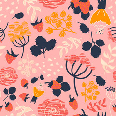 Obraz premium Strawberry seamless pattern. Abstract berries, branches, leaves and flowers. Vector pink background. Perfect for printing on the fabric, design package and cover