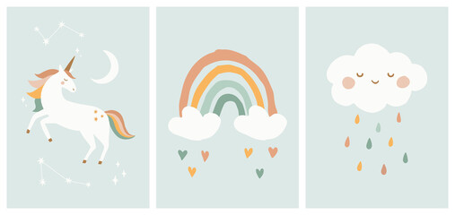 Scandinavian Style Kids Room Decoration. Cute Hand Drawn Unicorn, Rainbow and Cloud. Nursery Wall Art for Baby Boy And Baby Girl. Vector Illustration Set Ideal for Cards, Invitations, Posters. © Ewelina