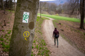 Hiking trail sign with blurry person in the background walking the path through the german forest in region Bergstrasse hessen, germany. picture at daylight with trees and leaves and green meadow