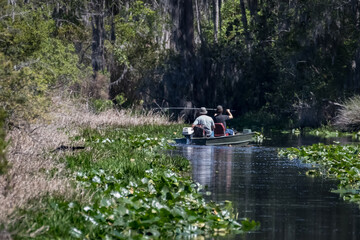 Two men in a flat bottomed Jon Boat fishing a narrow channel in the Okefenokee Swamp in the state of Georgia, USA