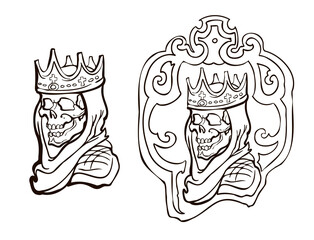 Dead king hand drawn vector Skull in crown. Line drawings on isolated white background  for coloring book. Print, posters, t-shirt.