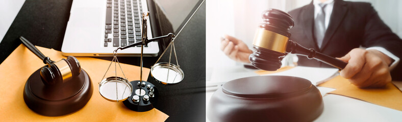 Justice and law concept.Male judge in a courtroom with the gavel, working with, computer and...