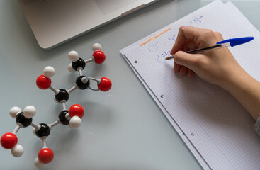 Woman studying chemistry with a molecular model of fructose