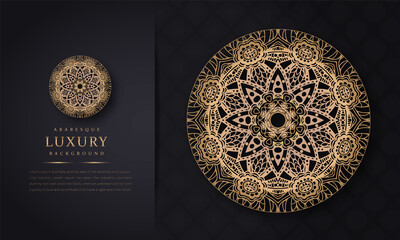 luxury ornamental mandala design background in gold color, arabesque pattern arabic islamic east style for Wedding card, Luxury ornamental mandala design background with golden arabesque