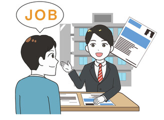 仕事探しをする男性　受付の男性　文字付き
