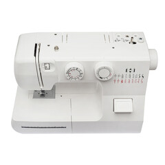 Sewing machine for sewing clothes from fabric on a white isolated background. Front view
