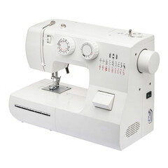 Sewing machine for sewing clothes from fabric on a white isolated background. Front view