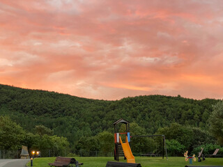 Very colorful sunset in the town of Gerbe, in the Aragonese Pyrenees. Huesca, Spain