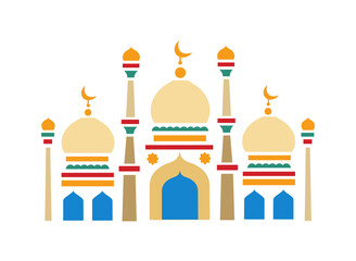 Islamic mosque. The holiday of Ramadan, the religion of Islam. Construction in Islam. Stained glass style illustration. Vector flat mosaic illustration on white background.