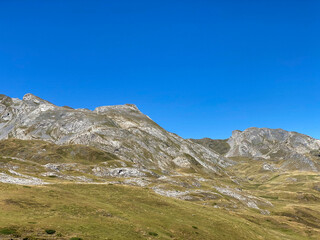 Fototapeta premium Views of the mountainous area of Portalet in the Aragonese Pyrenees on the border with France. Huesca, Spain.