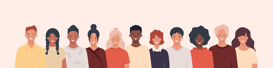 Multiethnic group of people of young different nationalities. Concept of human resources. Vector illustration in flat style