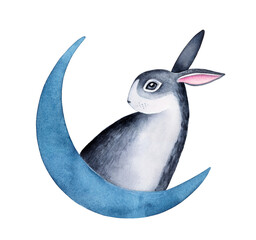 Watercolor sketchy drawing of little adorable bunny sitting on navy blue moon. Handdrawn water color stylized illustration on white background, cut out clipart detail for creative design decoration. © Julija