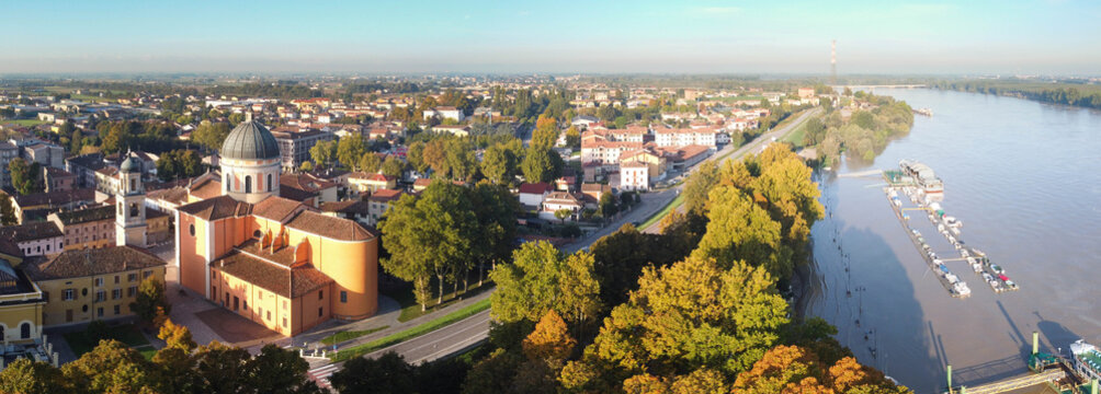 Aerial view of river flood in Boretto, Emilia Romagna. Italy