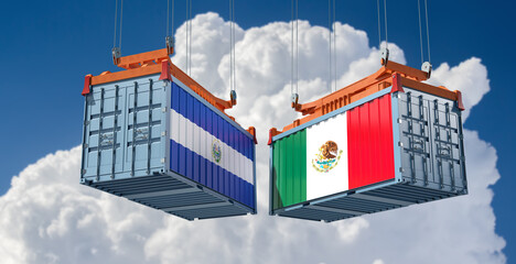 Freight containers with Mexico and El Salvador national flags. 3D Rendering 