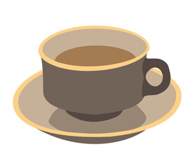 Beautiful dark cup on a saucer on white background. flat cartoon color illustration for design, print