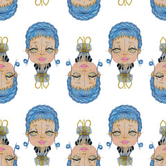 seamless pattern with cartoon girl with blue hair
