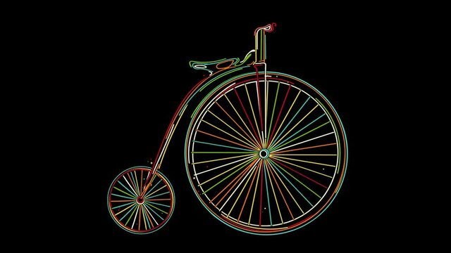 Penny-Farthing bicycle animation in colors, endless loop over black
