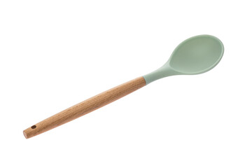 Kitchen tool in the form of a spoon made of green plastic with a wooden handle for cooking
