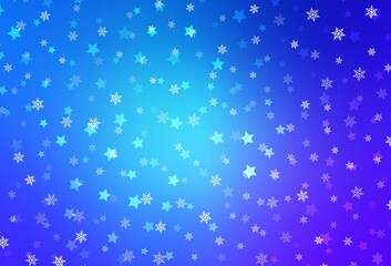Light Pink, Blue vector background with xmas snowflakes, stars.
