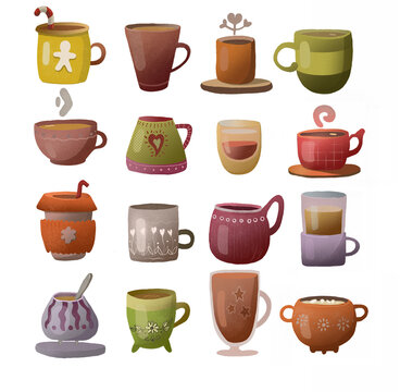 freehand drawing illustration of cups with coffee and tea and cocoa in retro style sixteen cups