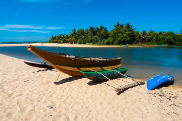 Tangalle, Sri lanka, 02.06.2014: Traditional fishing boat on the shore of the beach