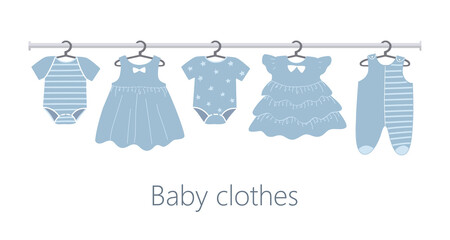 Rack with baby clothes on hangers. There are dresses, overalls and other children's things in the picture. Vector flat illustration