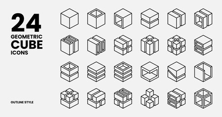 Geometric Cube Icons Collection In Outline Style - obrazy, fototapety, plakaty