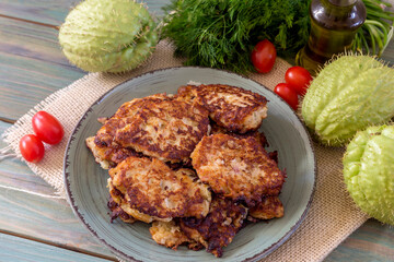 Fresh pancakes of fruit mexican, healthy liana (Sechium edule) and vegetables close-up
